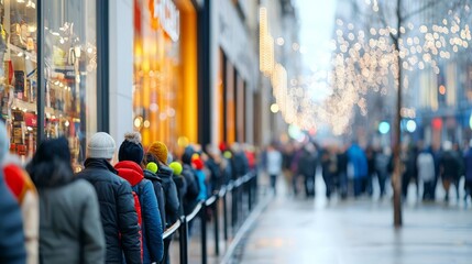 Long line of customers outside a store, early morning light, Black Friday anticipation, retail tradition