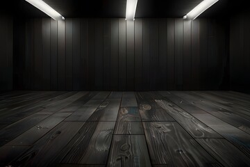 Wall Mural - Wooden floor with black wall product background Generative AI