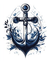 Canvas Print - A stylized anchor design with floral elements in blue and black.