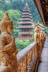 Sticker - Golden Buddha Statue on Balcony with Pagoda in Background