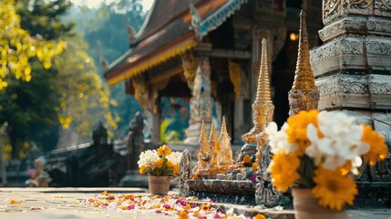 Sticker - Golden Pagoda with Floral Offerings at Buddhist Temple