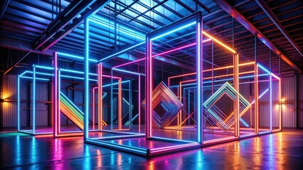 Wall Mural - Captivating neon-lit geometric architectural installation in futuristic industrial interior , neon