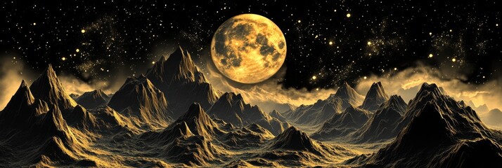 a breathtaking landscape of golden mountains silhouetted against a night sky, illuminated by a massi