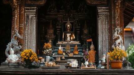 Poster - Golden Buddha Statue in a Traditional Thai Temple