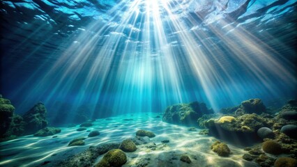 Wall Mural - Rays of light filtering through water revealing underwater sanctuary on rocky ocean floor, underwater, sanctuary, rocky, ocean