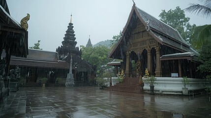 Canvas Print - Rainy Day at a Traditional Thai Temple