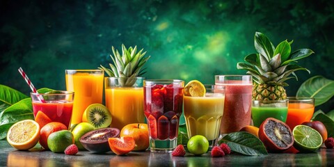 Wall Mural - Assortment of exotic fruit juices with garnishes on dark green background, exotic, fruit, juices, garnishes, assortment