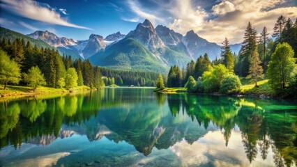 Breathtaking landscape with lush forests, serene countryside water, and majestic mountains, Nature, scenery, hills, trees