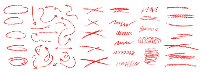 Wall Mural - set of chalk scribble arrows, frames and line brush elements. collection of red wax pencil drawn hig
