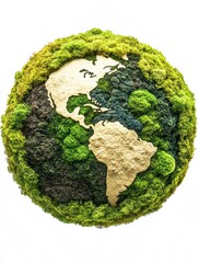 green planet earth from moss isolated on white background. symbol of sustainable development and ren