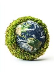 green planet earth from moss isolated on white background. symbol of sustainable development and ren