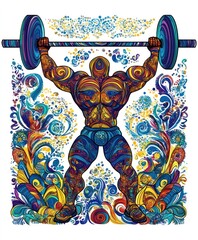 Canvas Print - A colorful illustration of a muscular figure lifting a barbell, symbolizing strength and fitness.