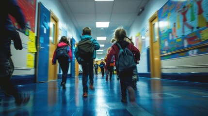 Blurred Image of Children Walking in a School Hallway