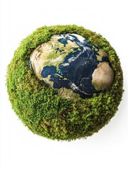 green planet earth from moss isolated on white background. symbol of sustainable development and ren