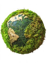 green planet earth from moss isolated on white background. symbol of sustainable development and ren