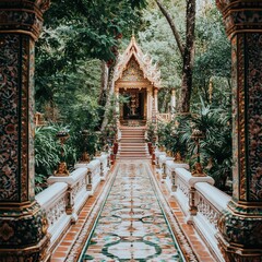 Wall Mural - Ornate Pathway Leading to a Traditional Thai Temple