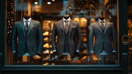 Three suits stylishly displayed in a shop window, exuding a sense of sophistication.