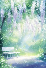 Sticker - A wisteria illustration in watercolor style of a park with a bench. 