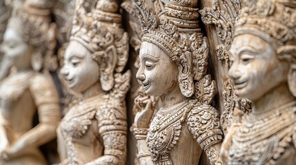 Canvas Print - Intricate Wooden Statues of Deities in Thailand