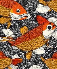Canvas Print - A vibrant pattern featuring colorful fish against a dark background with abstract elements.