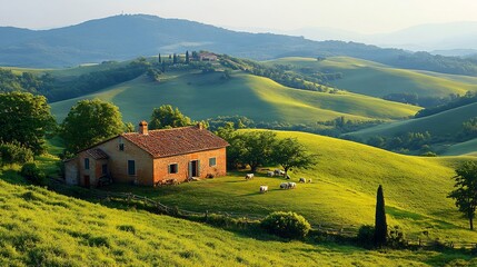 Canvas Print - serene countryside landscape a small farmhouse rolling hills and grazing animals