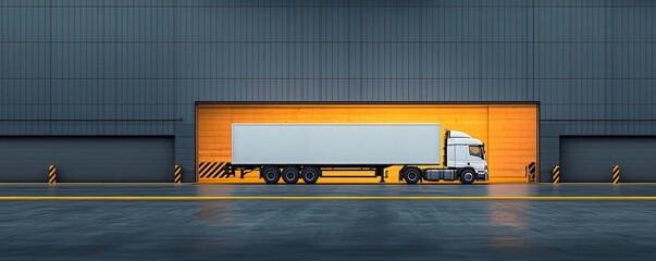 Semi-truck parked at a logistics hub's dock, with loading ramps extended, ready for cargo transfer, emphasizing the efficiency of freight movement