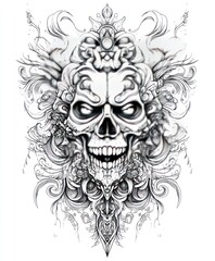 Sticker - A detailed skull illustration with ornate designs and intricate patterns.