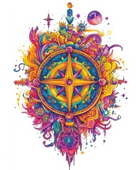 Wall Mural - A vibrant compass design surrounded by colorful, abstract elements and cosmic motifs.