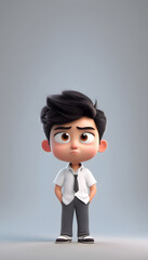 Poster - A cartoon-style young boy with black hair. He has a surprised expression. Sad bored upset Asian cartoon character young man wearing white shirt in 3d style design on light background.