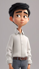 Poster - A cartoon-style young boy with black hair. He has a surprised expression. Sad bored upset Asian cartoon character young man wearing white shirt in 3d style design on light background.