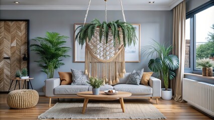 Poster - Modern Living Room with Hanging Macrame and Plants