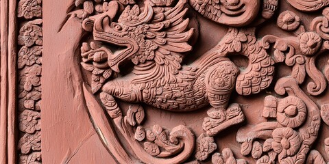 Intricate Carving of a Mythical Creature on a Red Clay Wall