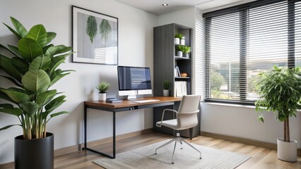 Sticker - Modern Home Office with Desk, Computer, and Plants