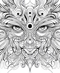 Sticker - Intricate black-and-white illustration featuring abstract faces and organic shapes.