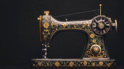 Wall Mural - Vintage Sewing Machine with Gold Accents and Floral Design