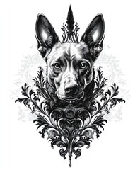 Canvas Print - A stylized black and white illustration of a dog's head surrounded by ornamental designs.