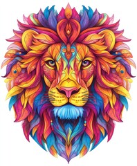 Wall Mural - A vibrant, colorful illustration of a lion's head surrounded by intricate floral patterns.