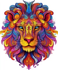 Wall Mural - A vibrant, colorful illustration of a lion's face with intricate patterns and designs.