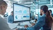 © Ultra promax  - Business team collaborating on analytics in a modern office, charts on screen. Copyspace.