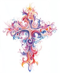 Sticker - An ornate, colorful cross design featuring swirling patterns and vibrant hues.