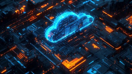 Canvas Print - A futuristic depiction of a cloud computing concept within a cyberpunk setting, symbolizing data storage, network infrastructure, digital innovation, and the interconnectedness of technology in a digi