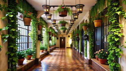 Poster - Ornate Indoor Courtyard with Hanging Lanterns and Lush Greenery