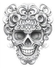 Sticker - A stylized skull design with intricate floral and swirling patterns.