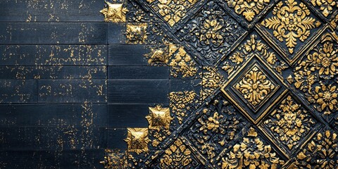 Wall Mural - Black and Gold Ornamental Tile Wall Background Texture