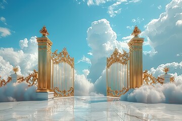 open golden gates of paradise against white clouds. entrance to the afterlife for the righteous. gat
