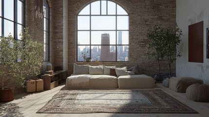 Sticker - Modern Loft Interior with City View  Arched Window  and Vintage Rug