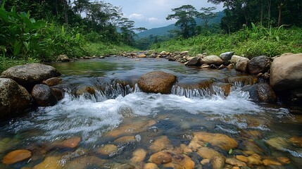 Canvas Print - serene river flowing through lush green forest with rocks and a clear sky above