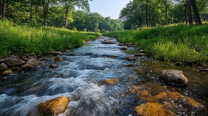Canvas Print - serene river flowing through lush green forest with rocks and a clear sky above