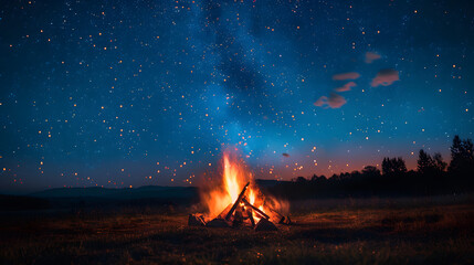 Wall Mural - bonfire under a starlit sky, with silhouettes of people gathered around