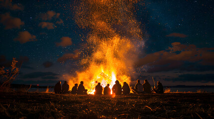 Wall Mural - bonfire under a starlit sky, with silhouettes of people gathered around